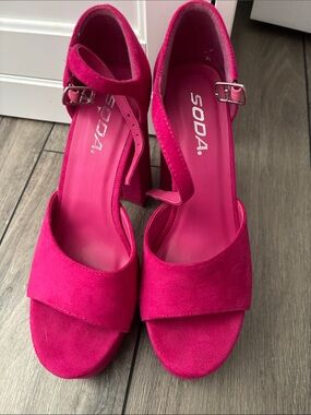 Hot Pink Suede Block-Heel Mary Jane Sandals